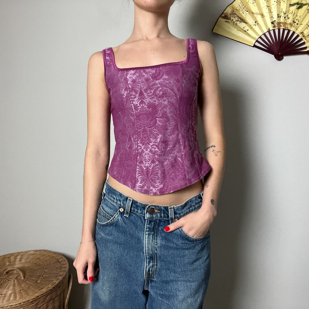 y2k vintage purple jacquard square neck bustier corset style tank top blouse